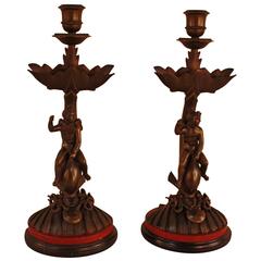 Vintage Pair of Bronze Dolphin Candlesticks