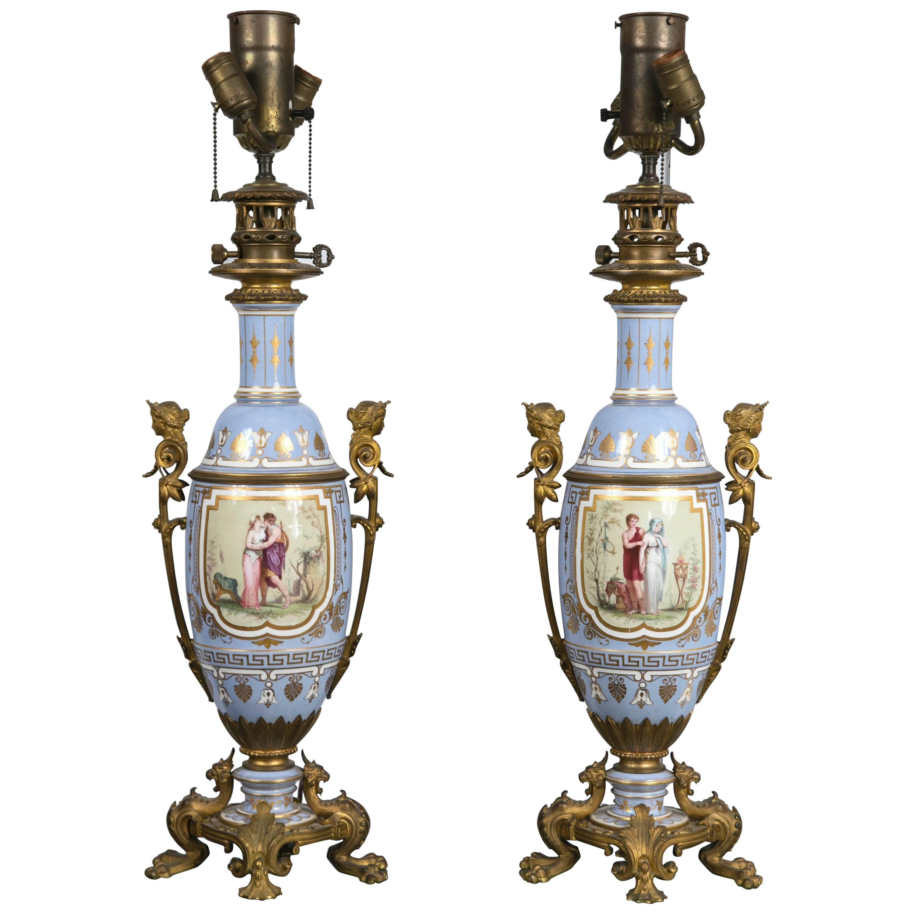 Pair of French Victorian Bronze Mounted Porcelain Lamps For Sale