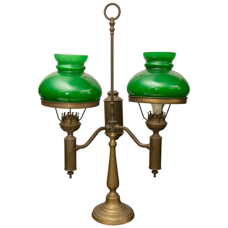 Green Case Glass Double Student Lamp For Sale at 1stdibs