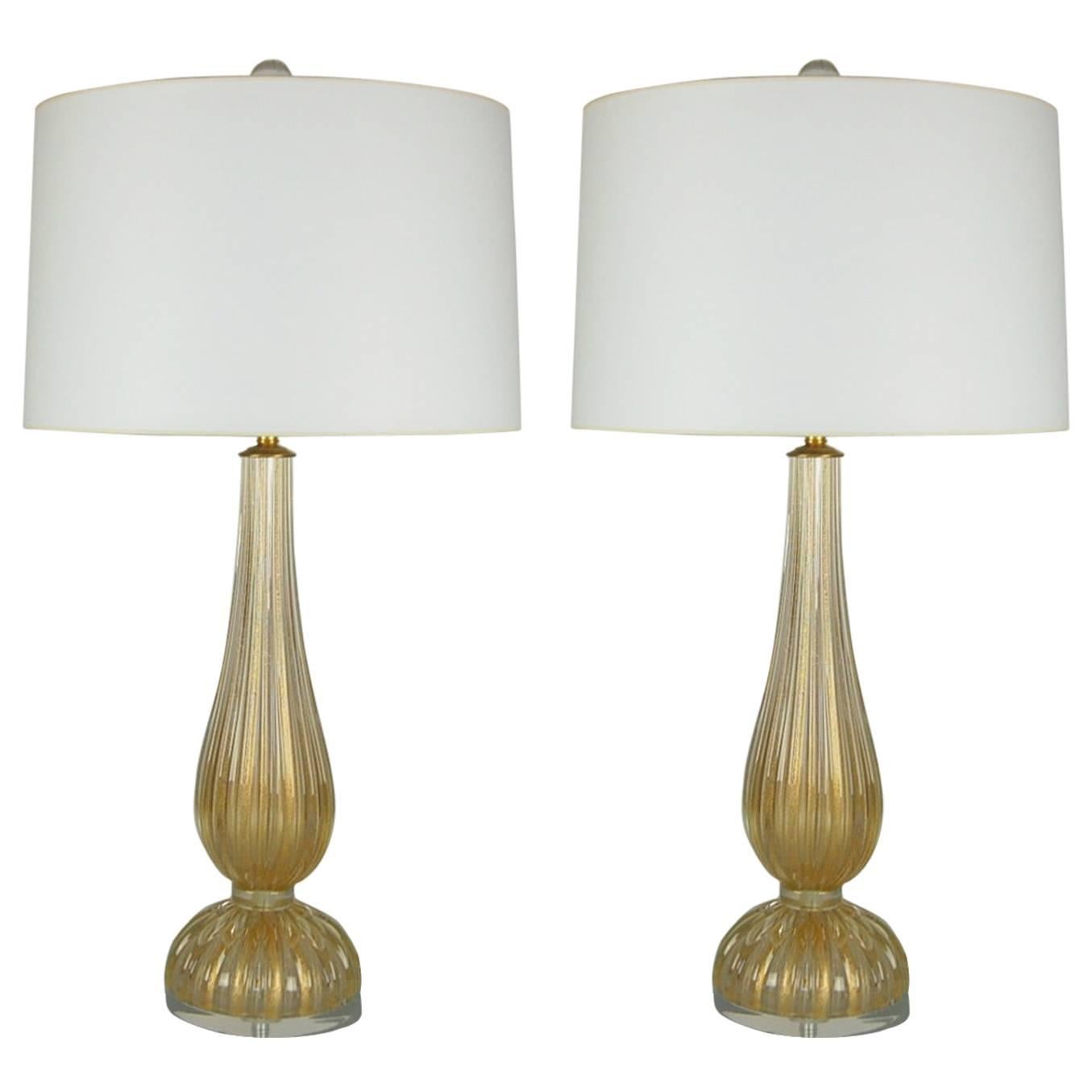 Matched Pair of Murano Table Lamps in Champagne Gold For Sale