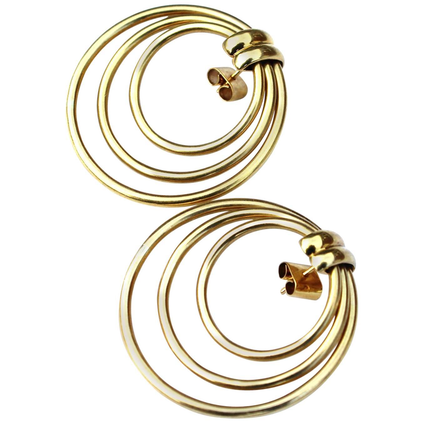 18-Carat Yellow Gold Triple Loop Earrings For Sale
