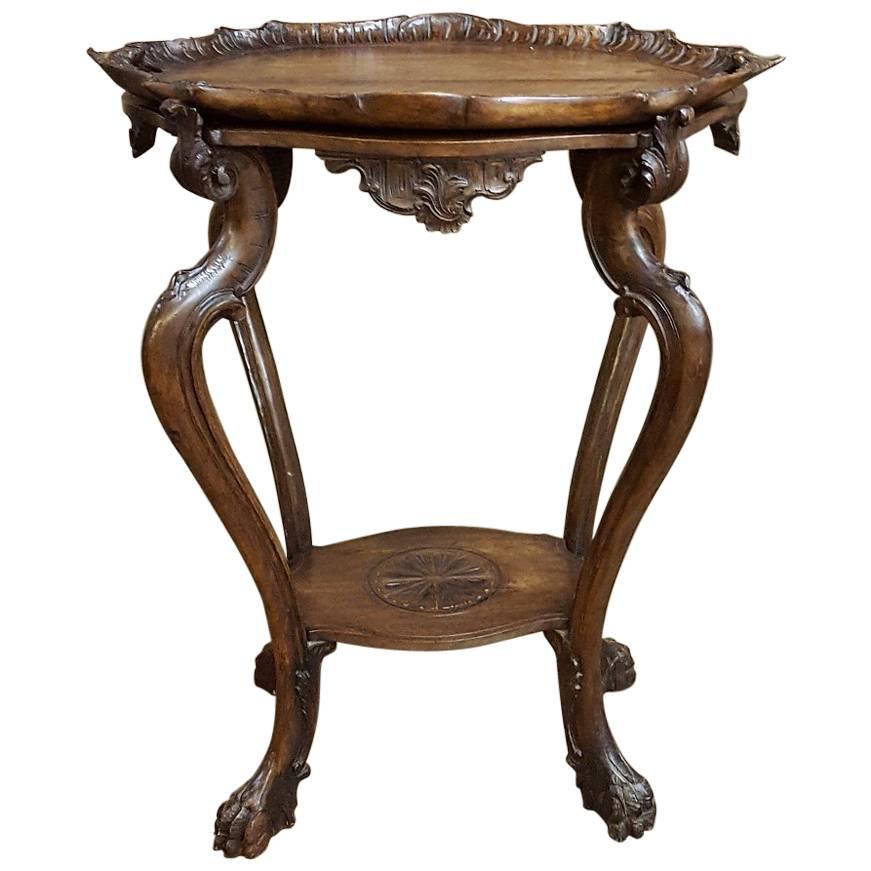 Antique Hand-Carved Italian Walnut Baroque Tea Serving Table with Serving Tray