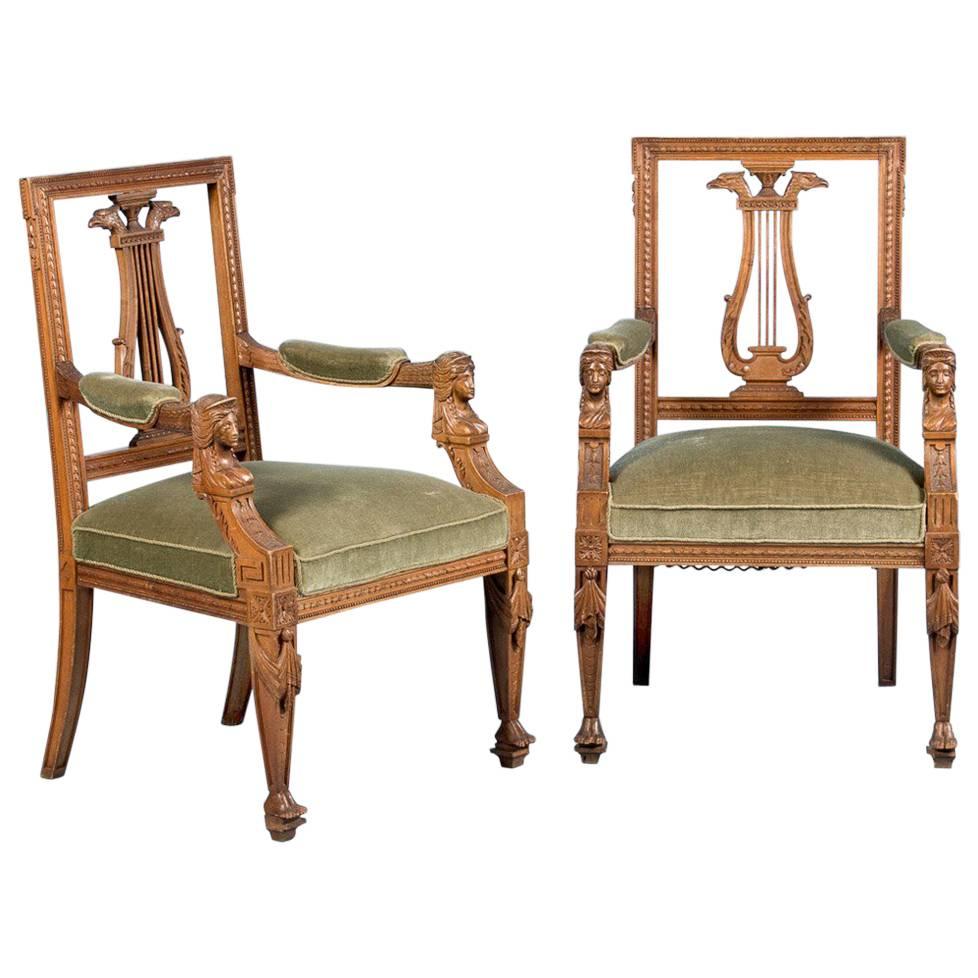 Pair of Carved Antique 19th Century French Neoclassical Armchairs