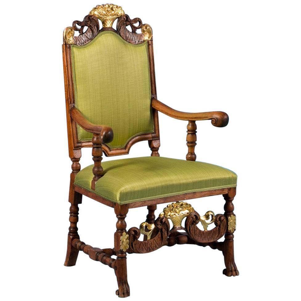 Carved Antique 19th Century Norwegian Upholstered Armchair