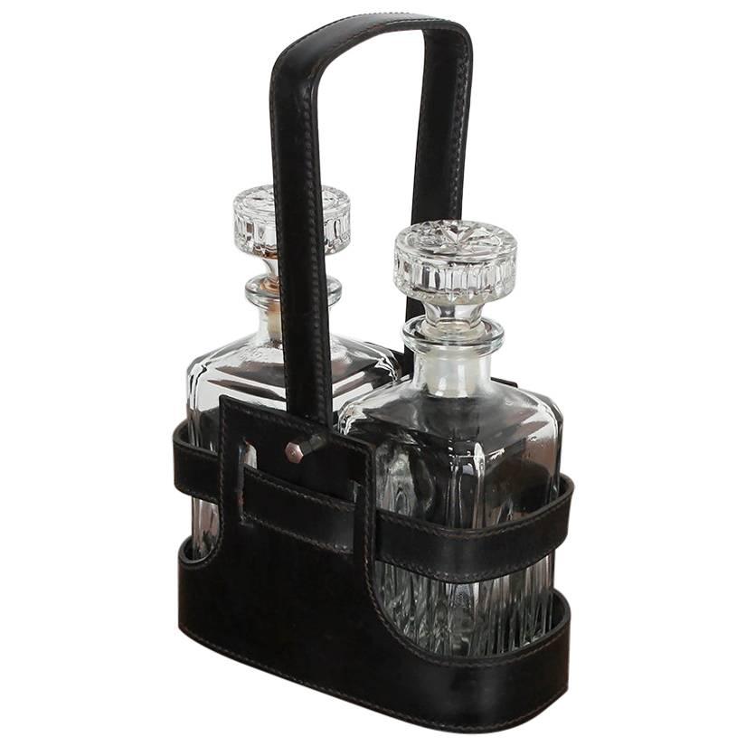Adnet Style Leather Holder with Decanters