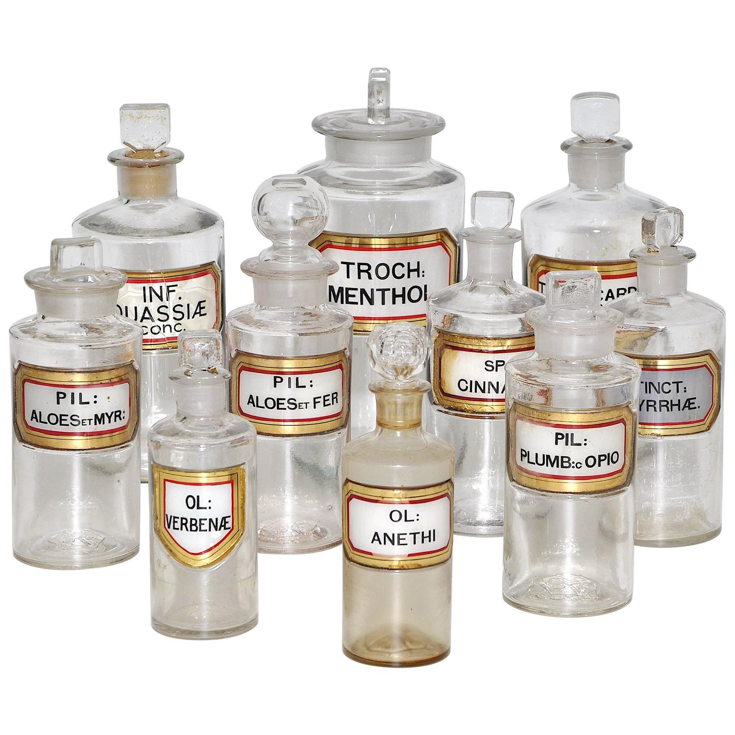 Rare Antique Set of Pharmacy Bottles Apothecary Glass with Gold Leaf