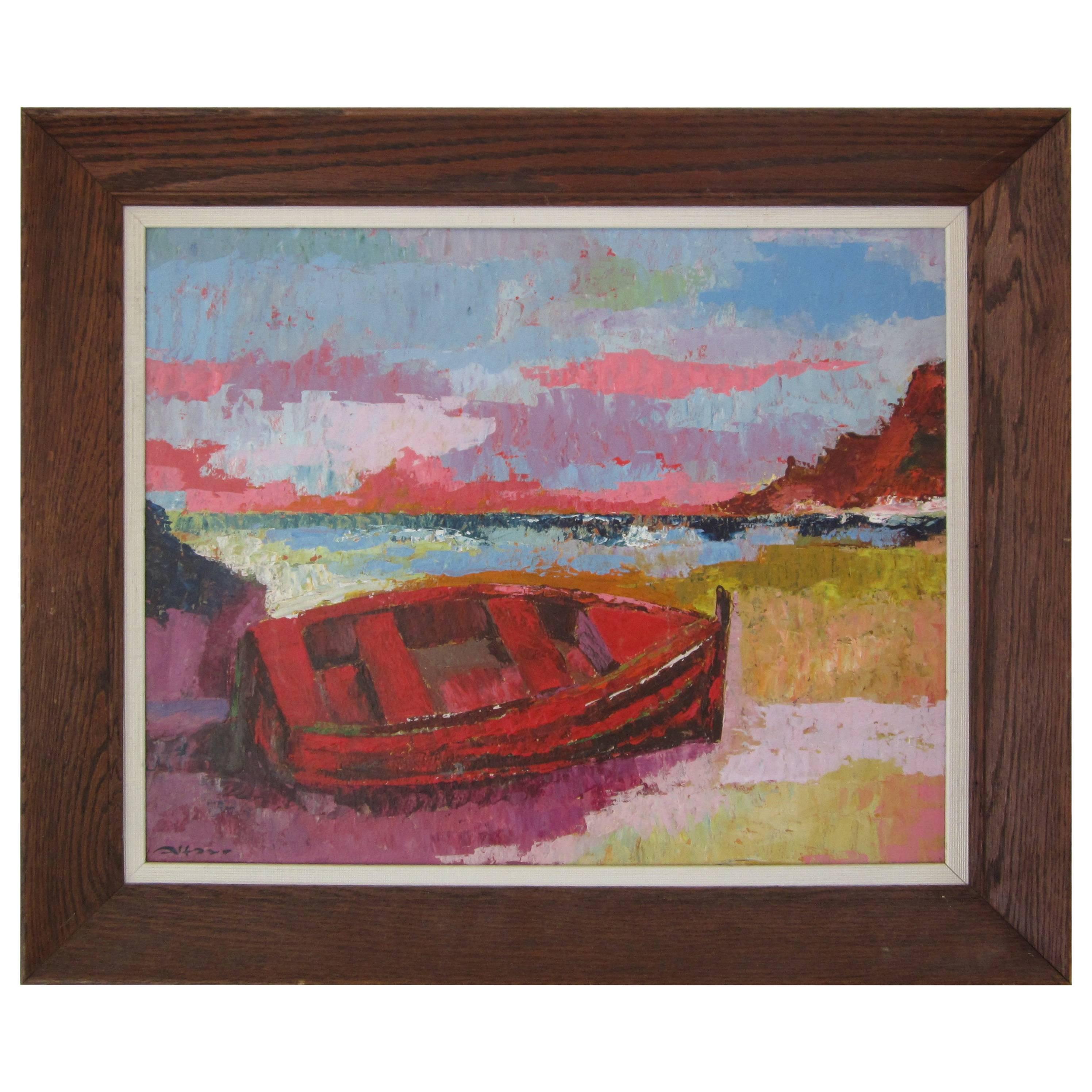 Midcentury Seascape Painting Artist Signed, Alfaro For Sale