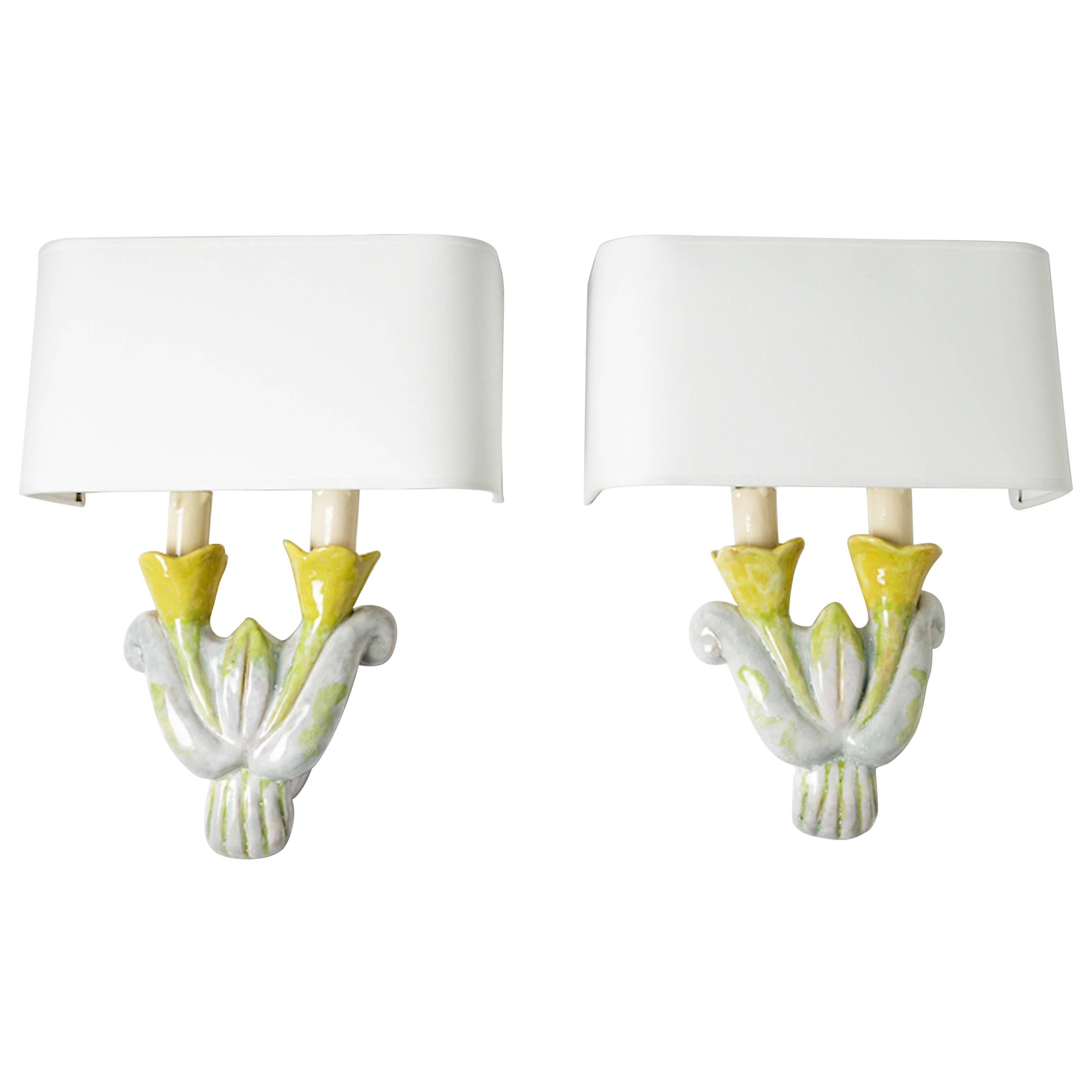 Ceramic Pair of Wall Lamps Attributed to Alice Colonieux, circa 1950, France
