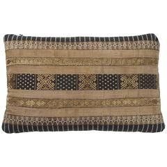 Chinese Silk Ribbon Pillow in Brown, Gold, Black and White