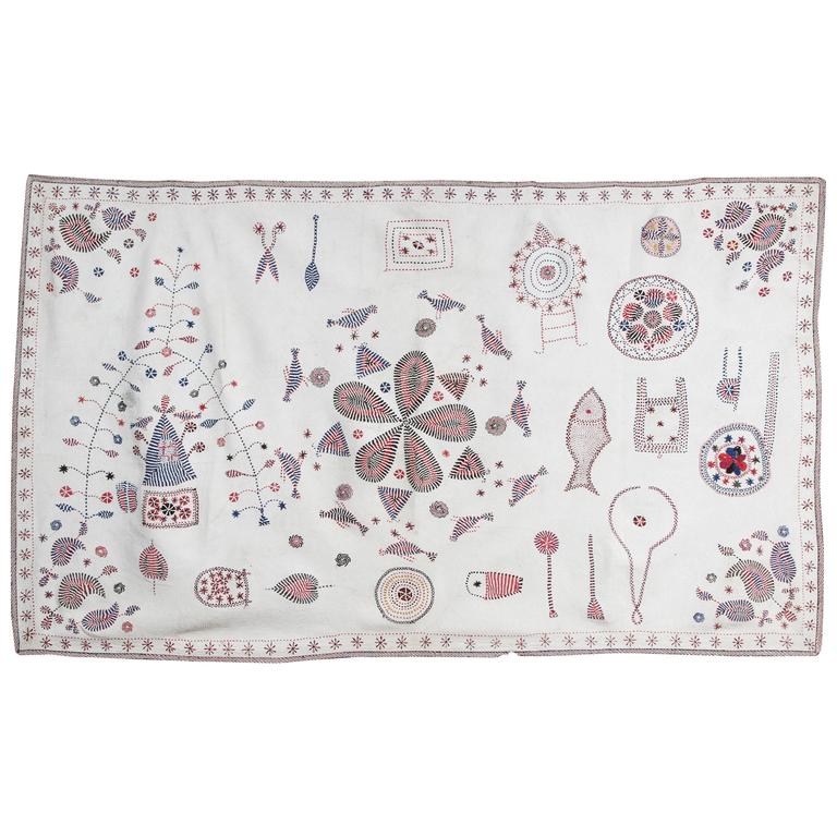 Antique Bengali Kantha Quilt in Red, Blue and White at 1stDibs