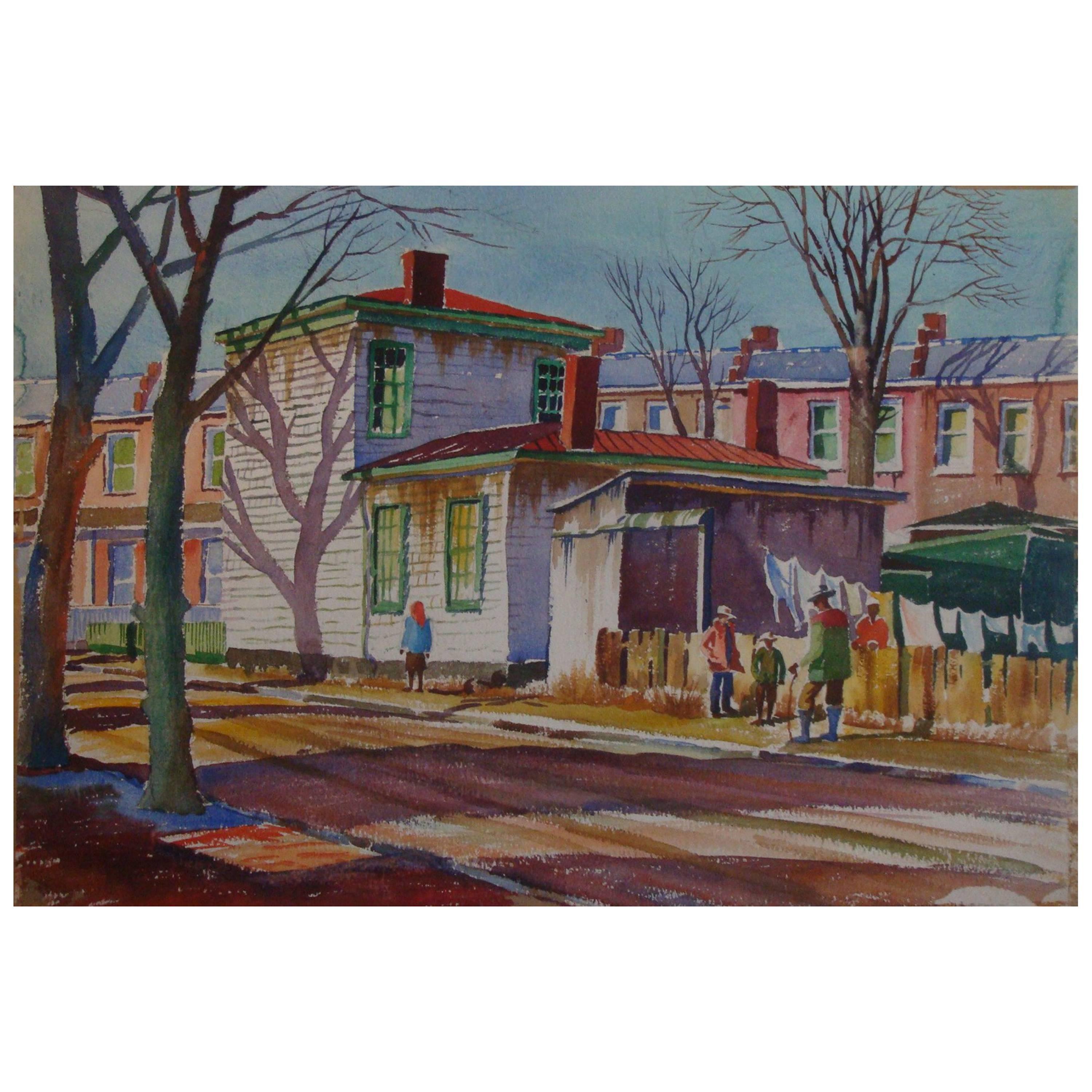 Large Streetscape Watercolor, Jackson Ward Richmond, Va, 1953