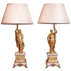 Antique 19th Century Gilt Bronze and Alabaster Based Empire Classical Figural Lamps