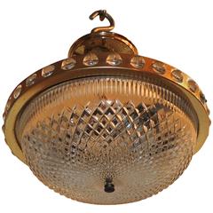 Wonderful Mid-Century French Gilt Crystal Glass Flush Mount Chandelier Fixture