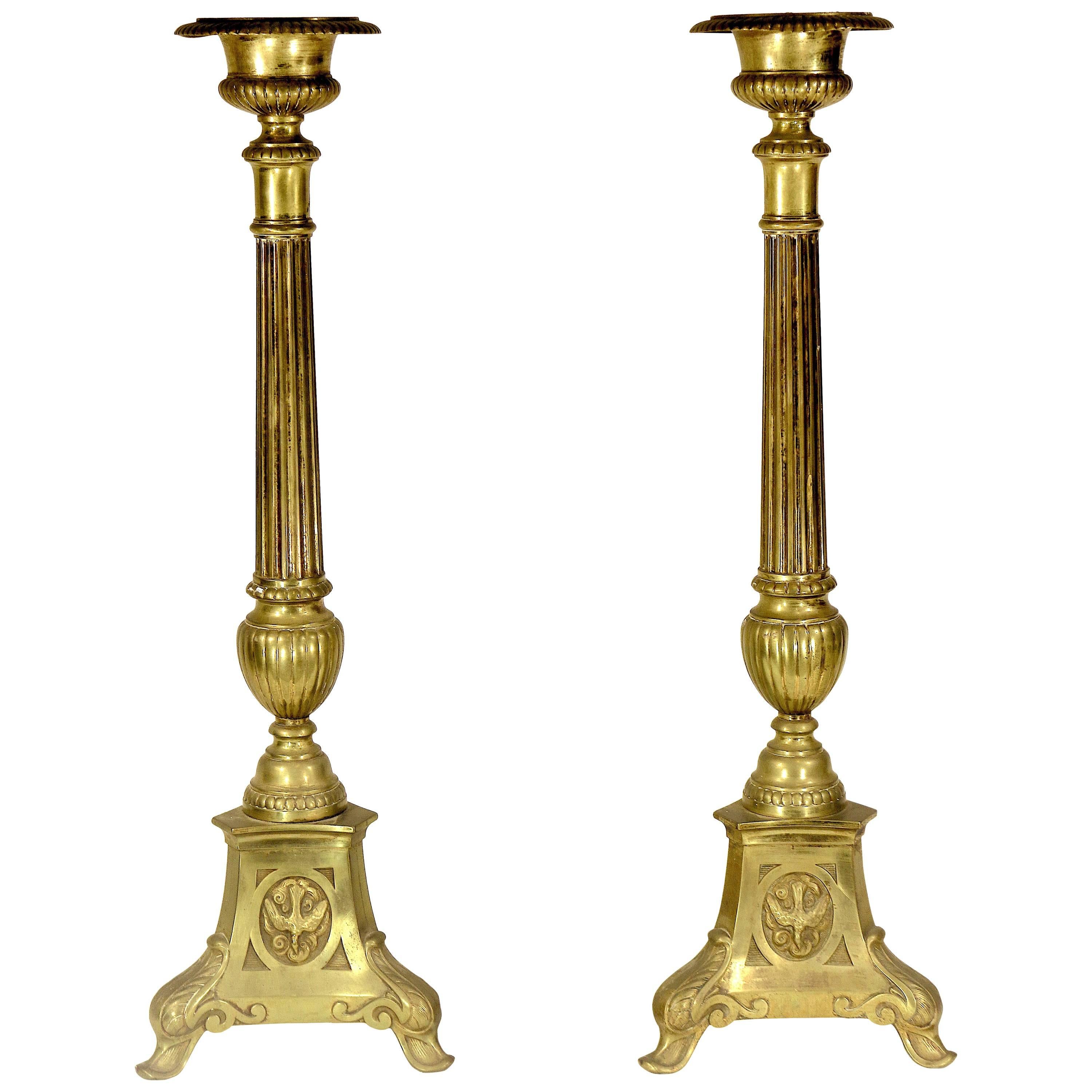 1800s Monumental Brass Pricket Candlesticks, Renaissance Revival-Harkness Estate For Sale
