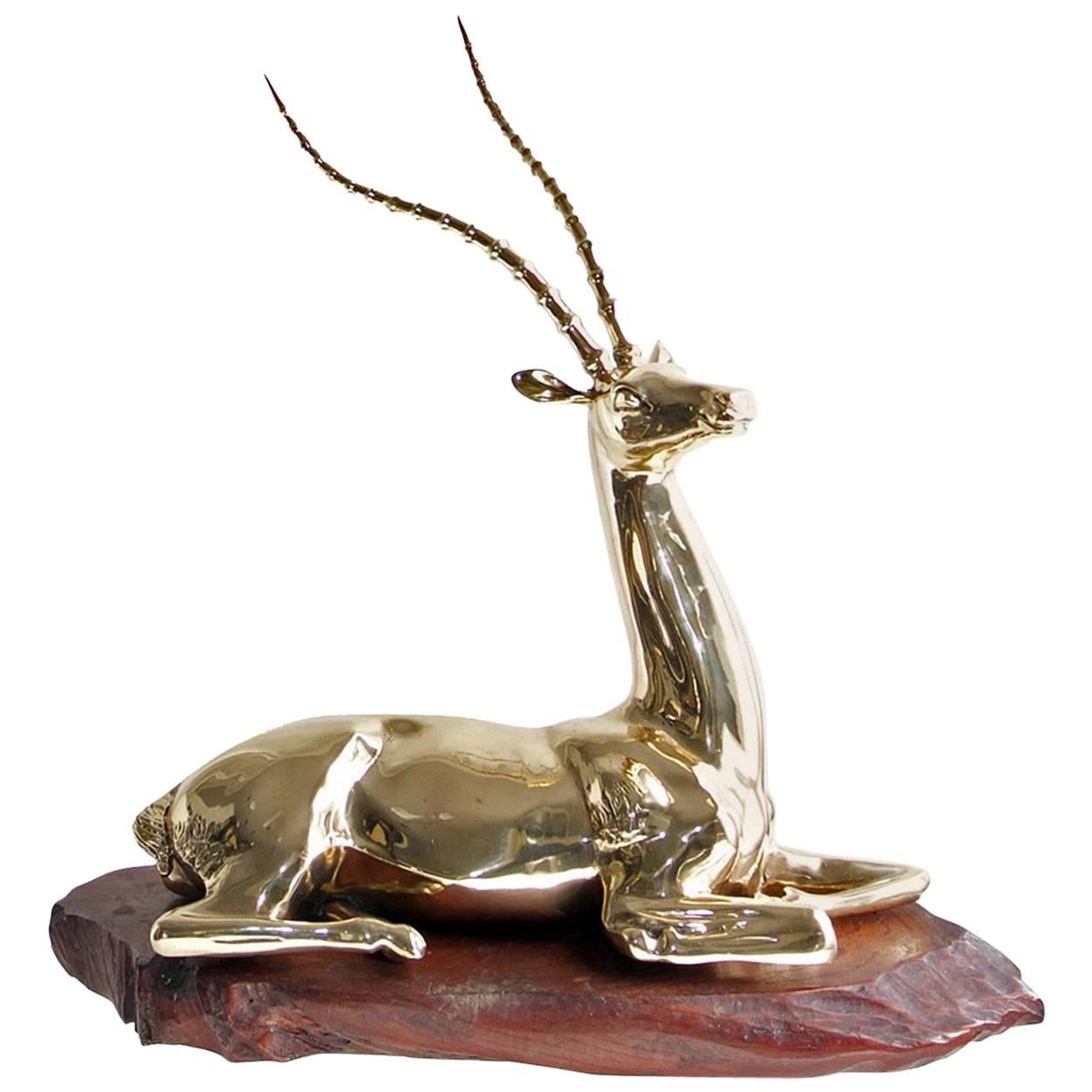 Restored Mid-20th Century Brass Sculpture of Impala on Natural Edge Wood Bas For Sale