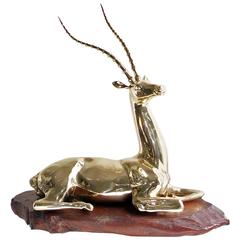 Restored Mid-20th Century Brass Sculpture of Impala on Natural Edge Wood Bas