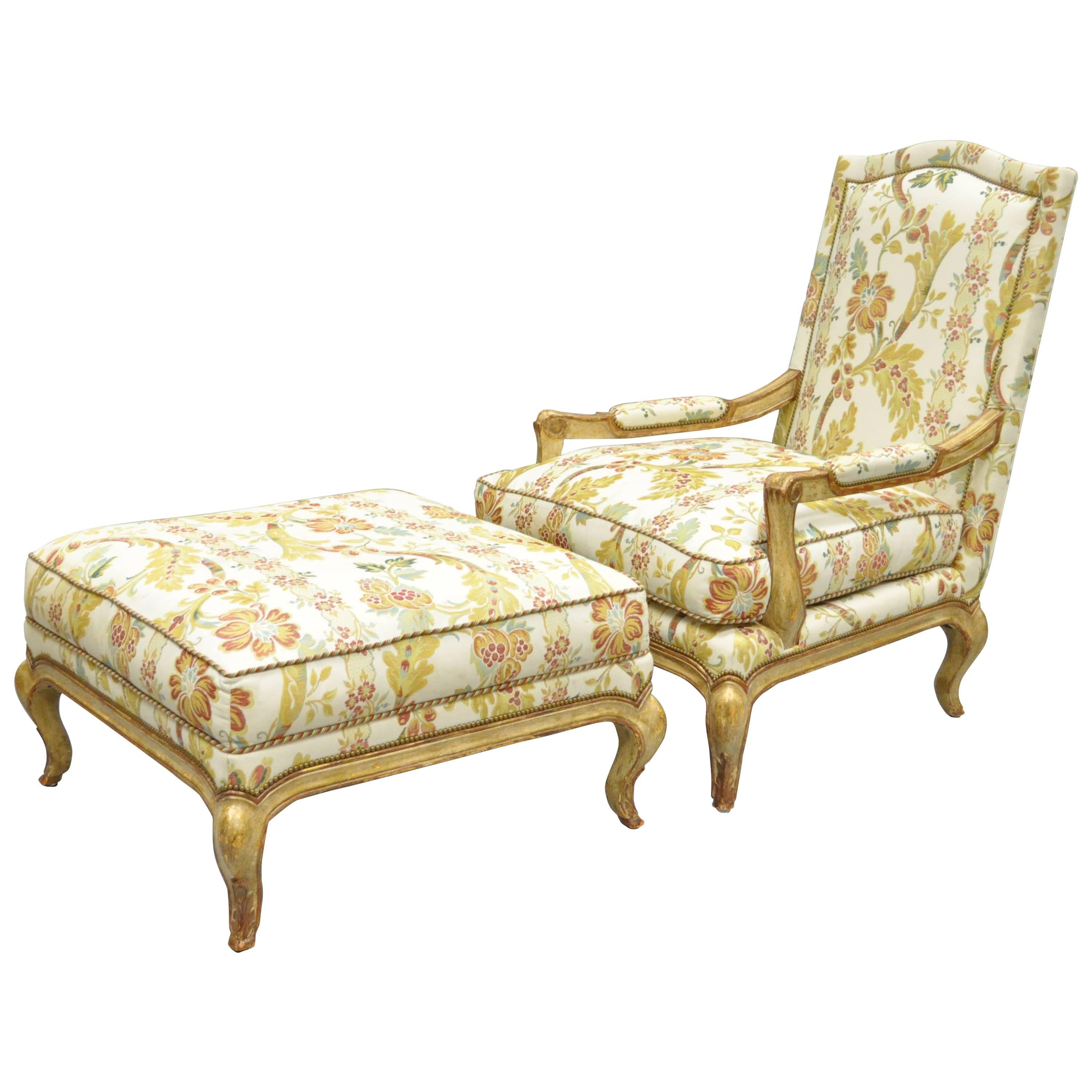 Nancy Corzine Country French Louis XV Style Bergere Lounge Chair and Ottoman