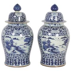 Pair of Chinese Export Style Porcelain Lidded Jars