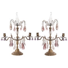 Pair of French 19th Century Brass and Crystal Girandoles
