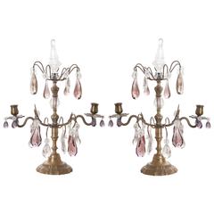 Pair of French 19th Century Brass and Crystal Girandoles 2