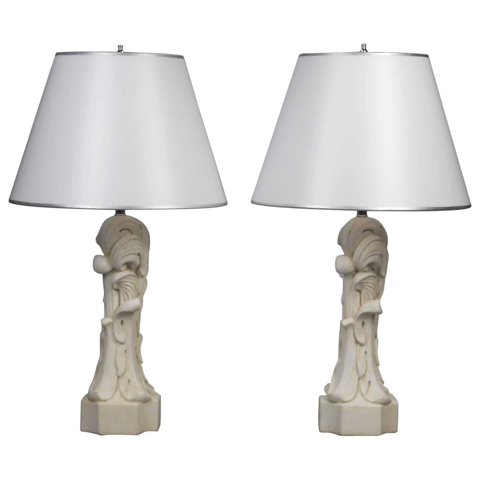 Pair of Painted Plaster Foliate Lamps For Sale
