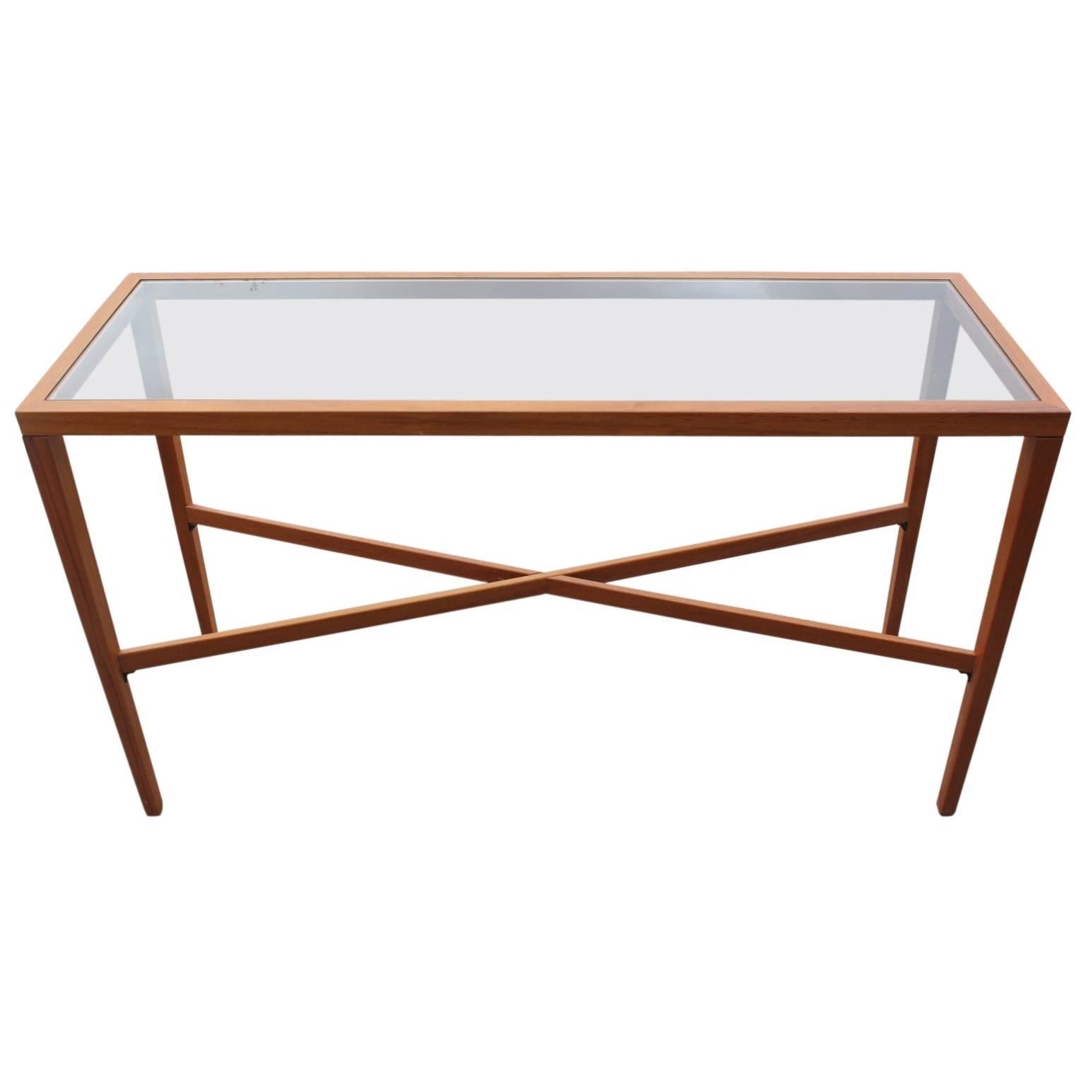 Modern Teak Danish Console or Entry Table with X Stretcher and Glass Top