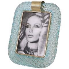 Pair of Large Venini 'Torciglione' Frames in Aqua Murano Glass with Gold Flakes
