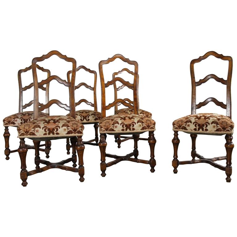 Set of Six French Louis XIV Style Walnut Ladderback Dining Chairs For