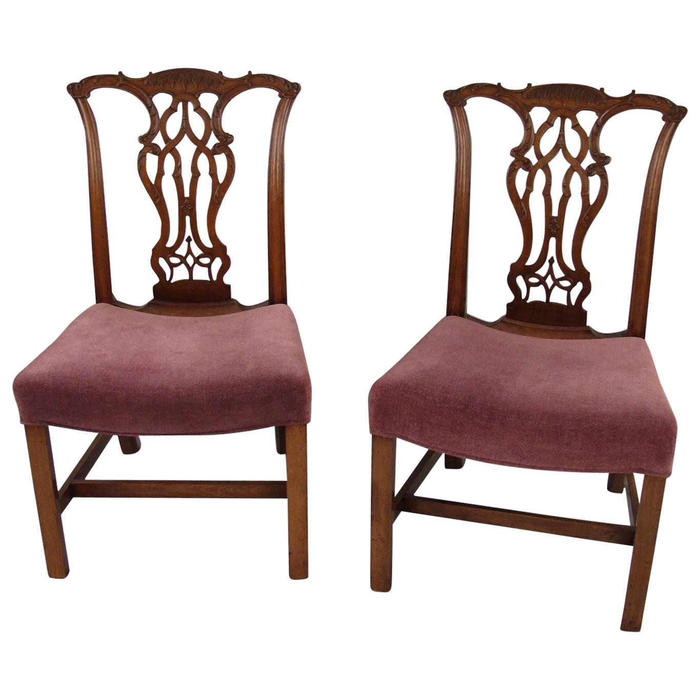 Fine Pair of Chippendale Mahogany Side Chairs with Saddle Seats