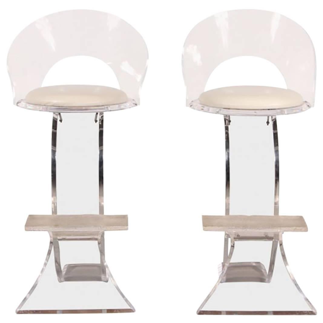 Pair of Lucite Counter Stools with Off-White Leather Upholstery
