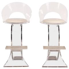 Pair of Lucite Counter Stools with Off-White Leather Upholstery