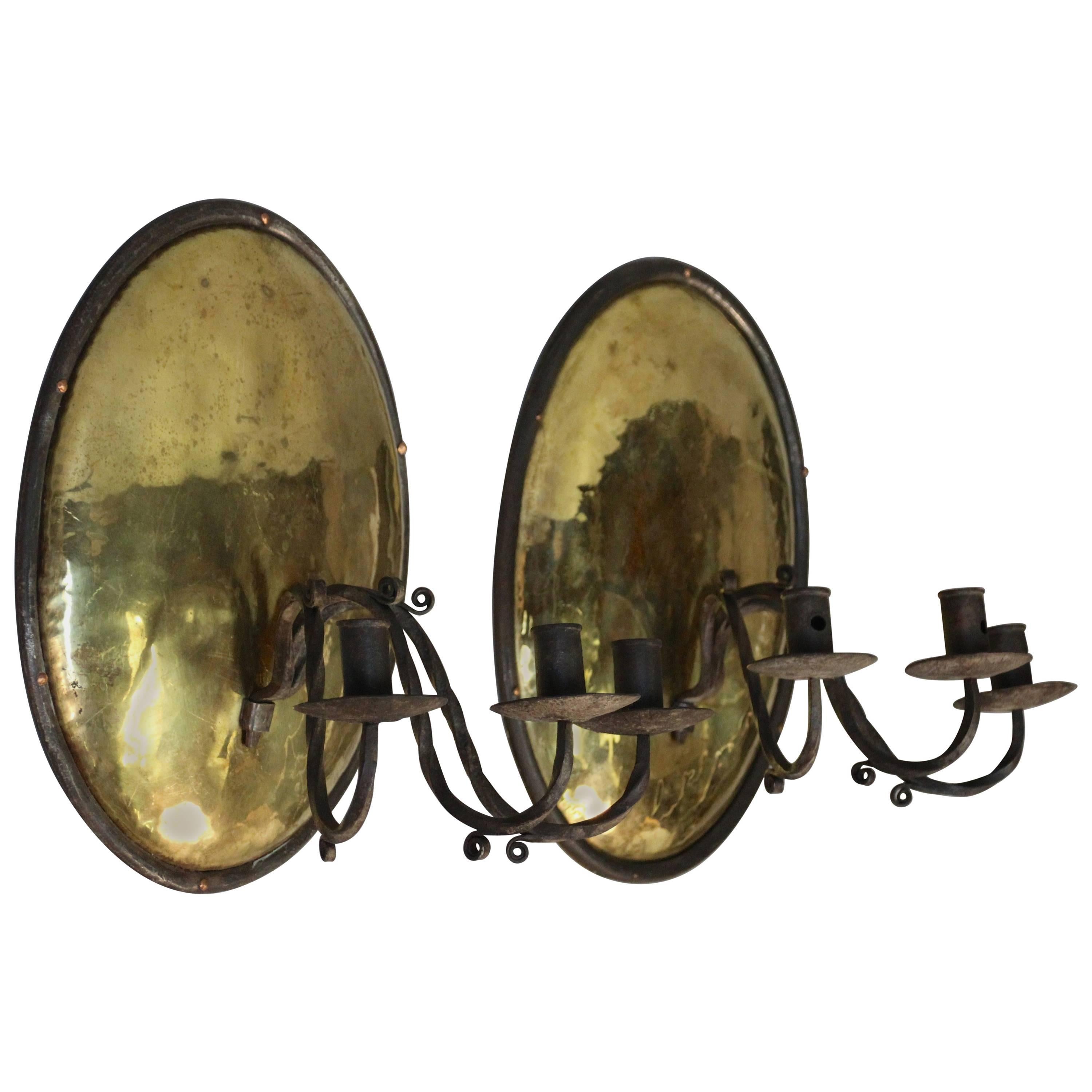 Pair of Brass and Wrought Iron Three-Light Candleholders