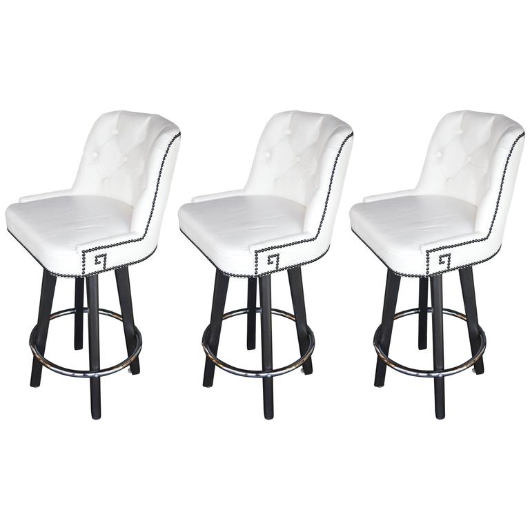 Set Of Three White Leather Bar Stools At 1stDibs