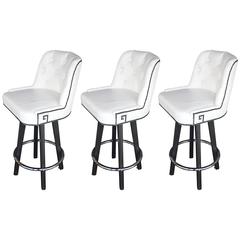 Set of Three White Leather Bar Stools