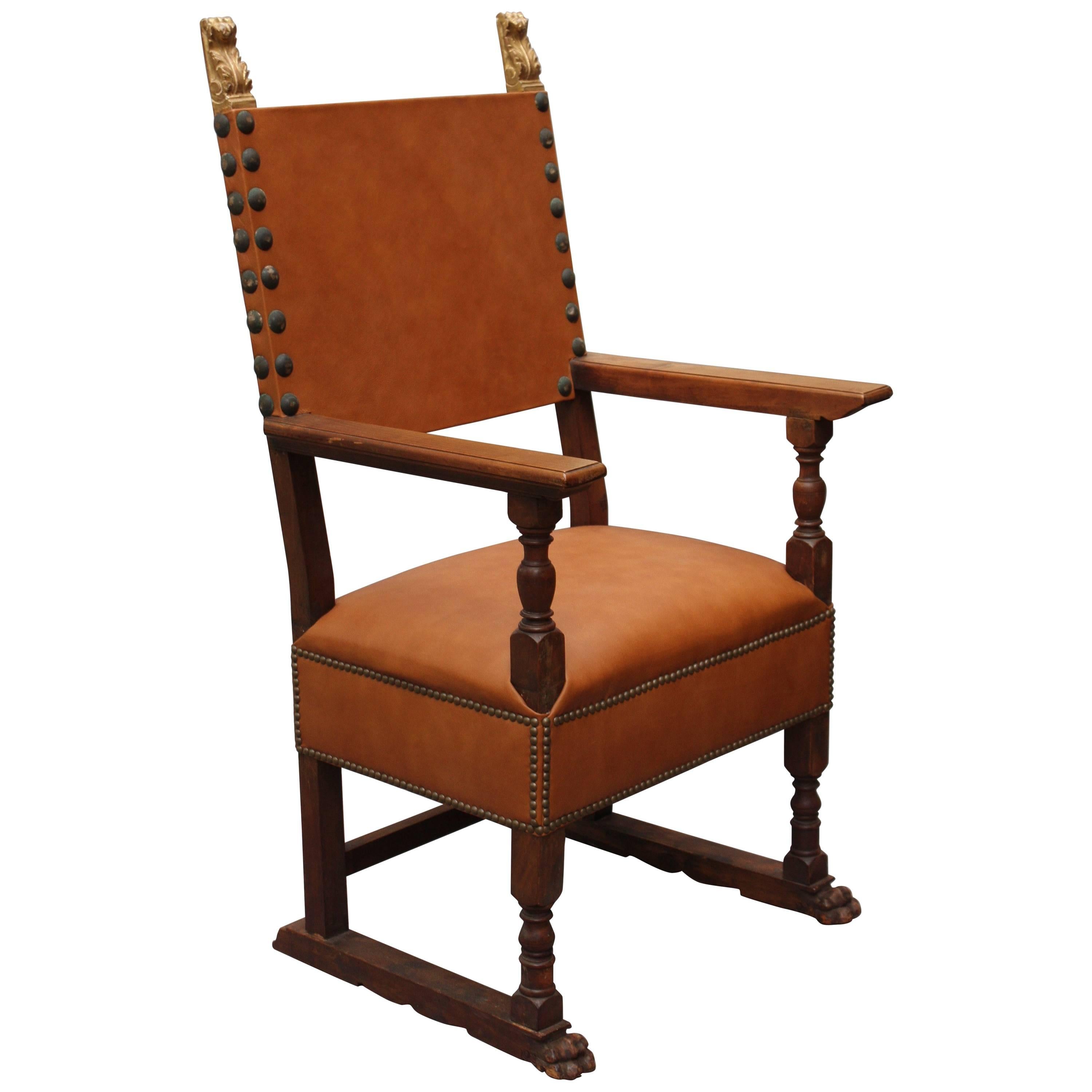1920s Spanish Revival Armchair with Leather Upholstery For Sale