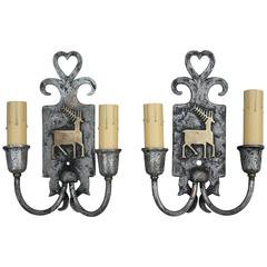 Pair of Double Light Sconces with Deer Motif