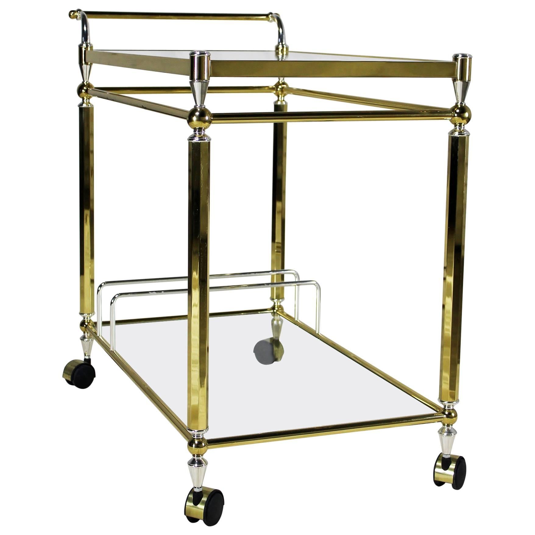 Vintage Brass, Chrome and Glass Double-Tier Serving Tea or Bar Cart