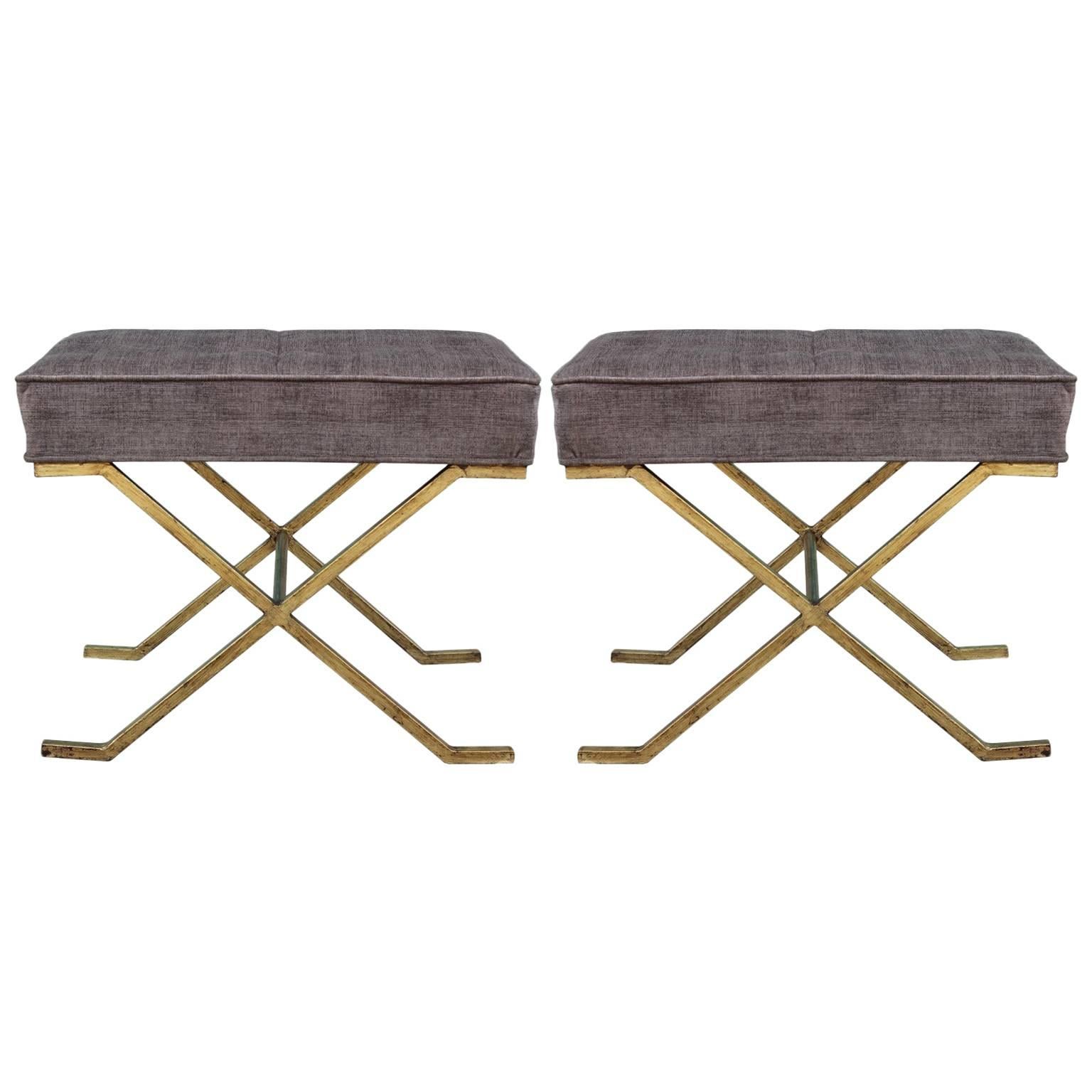 Pair of Modern Gold Leafed Stools or Ottomans in Tufted Grey Upholstery 
