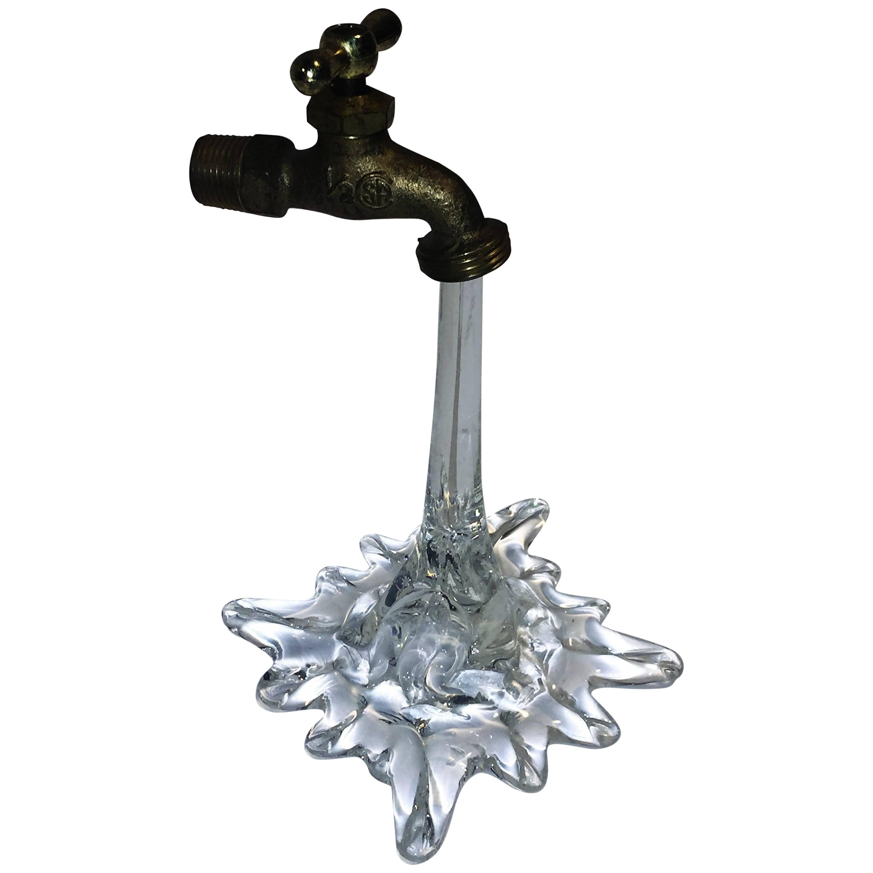 Illusory Italian Brass Faucet Flowing Water Glass Sculpture For Sale