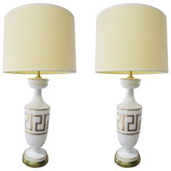 Pair of White Opaline and Glass and Brass Lamps with Gold Greek Meander