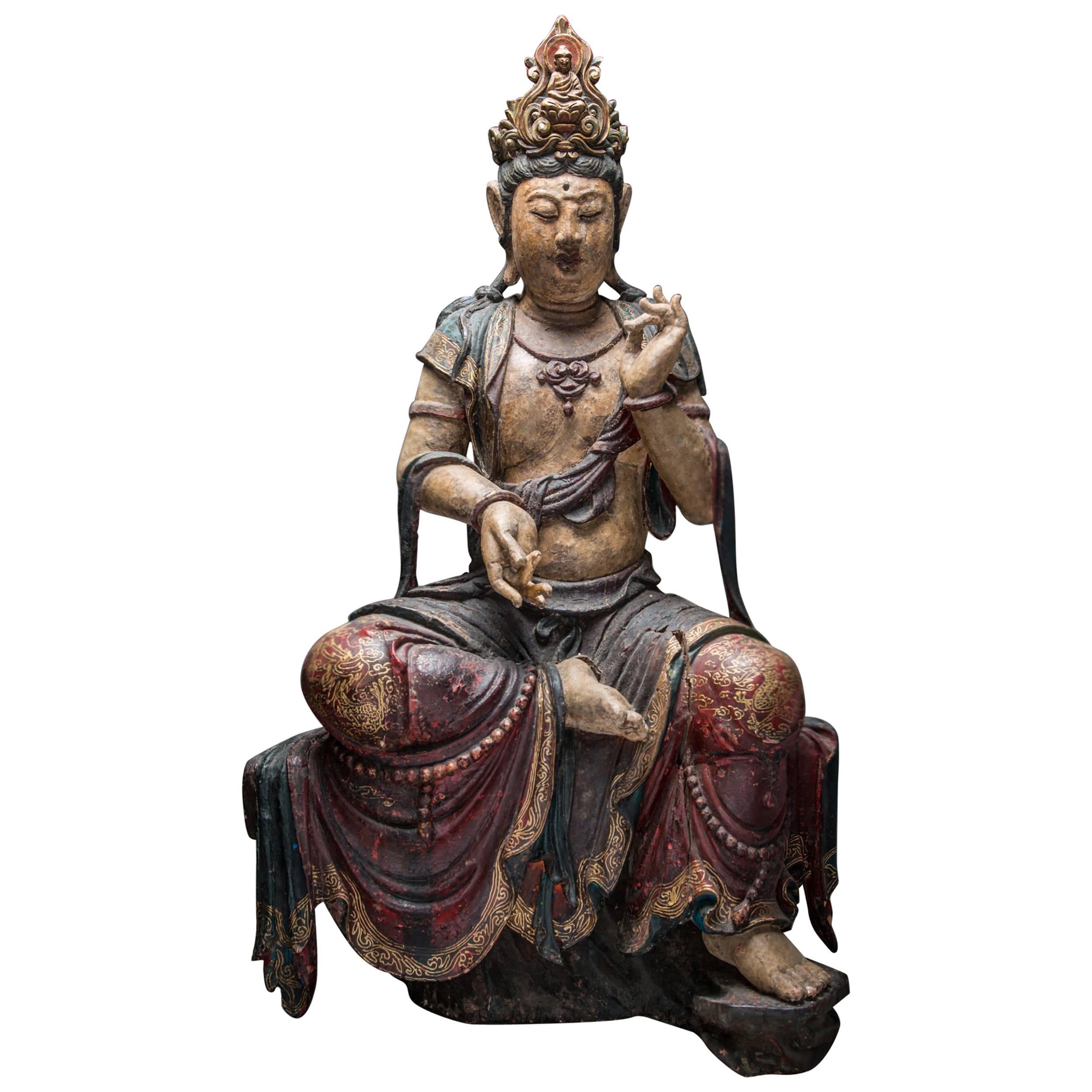 Ming Dynasty Wooden Polychromed Guanyin For Sale