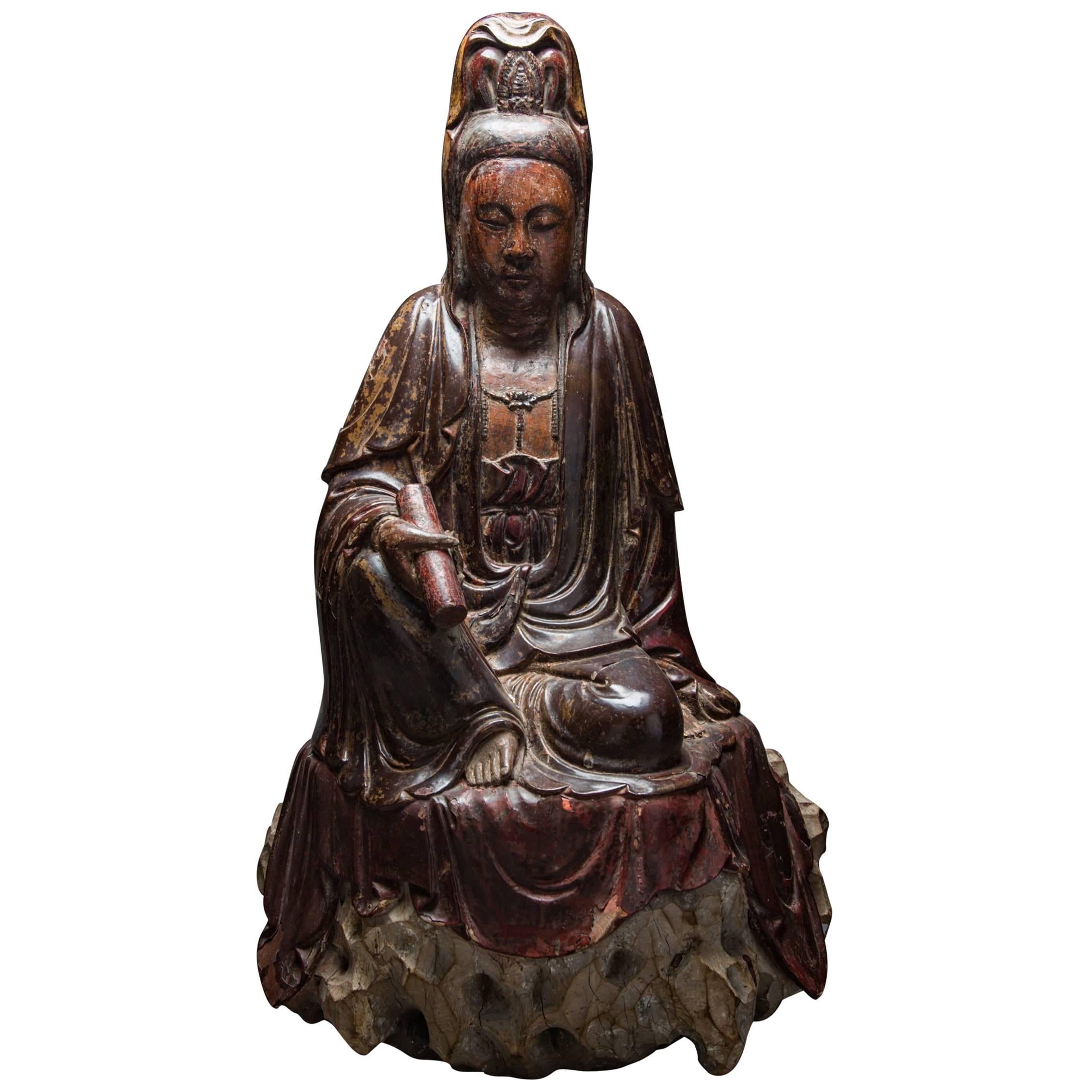 Ming Dynasty Lacquered Wood Guanyin For Sale