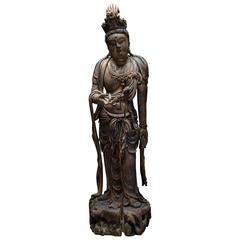 Antique Ming Dynasty Lacquered Wood Sculpture of Guanyin