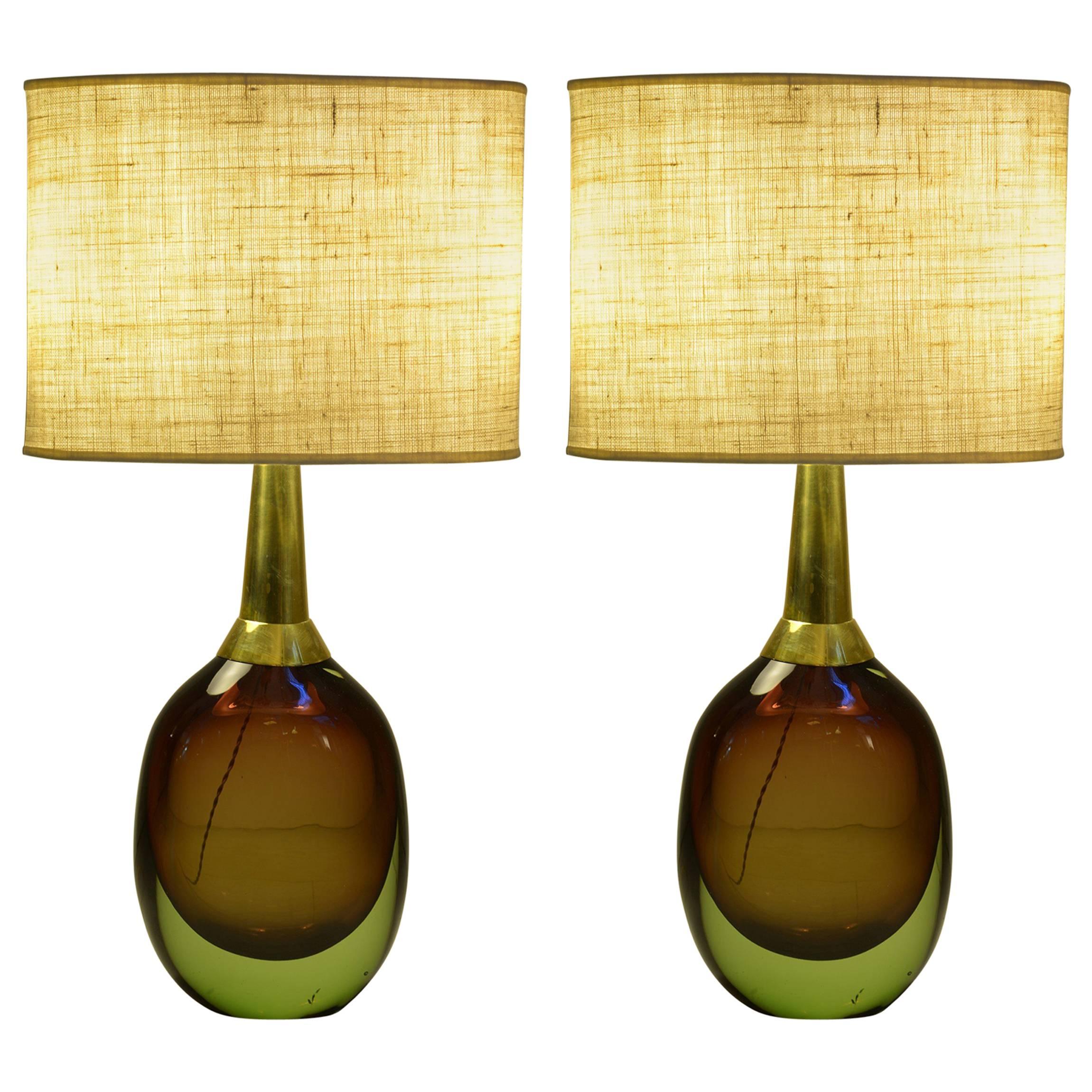 Pair of  Beautiful Seguso "Sommerso" Murano Glass Signed Table Lamps, 1950s