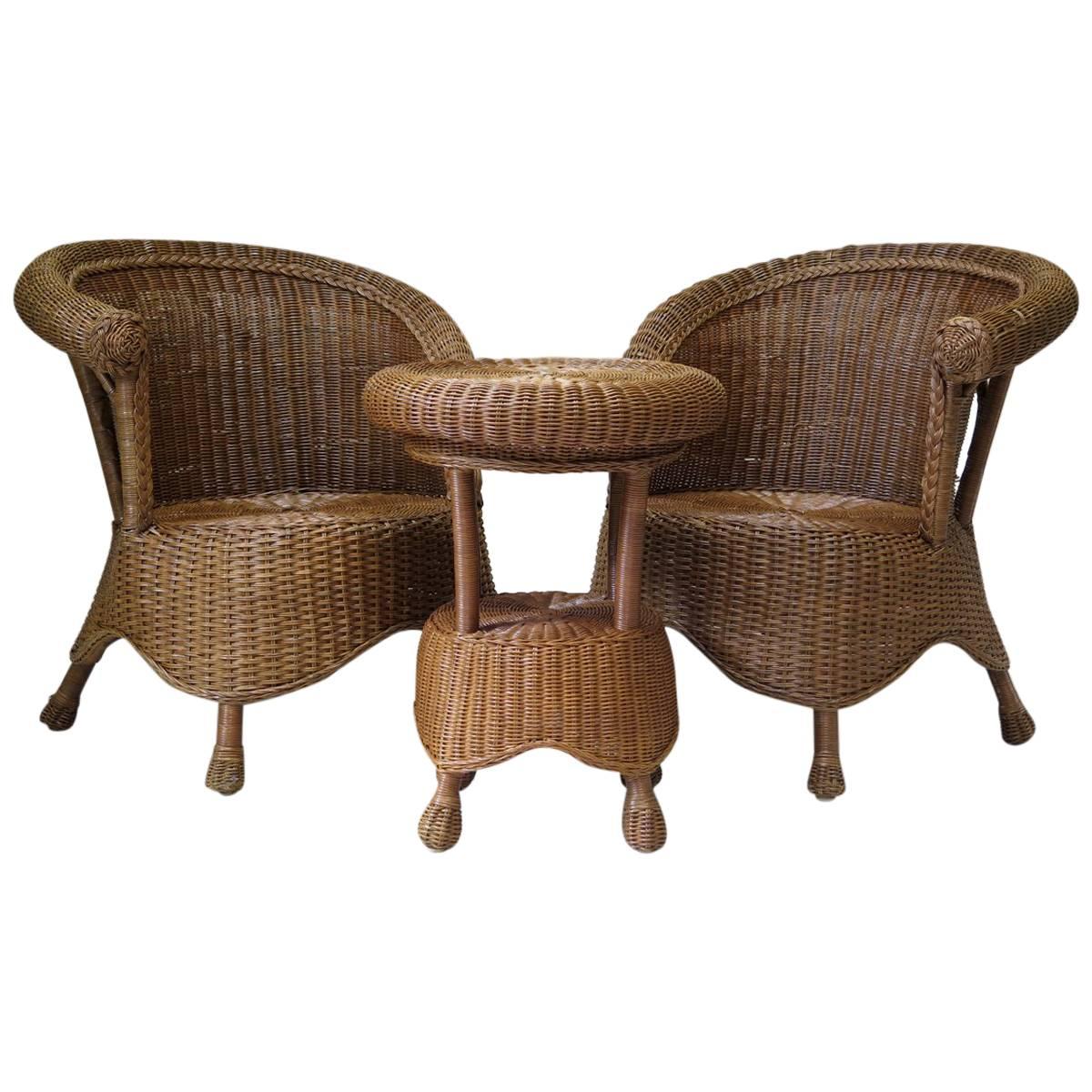 Wickerwork Set of Two Armchairs and  a Table, France, circa 1950s