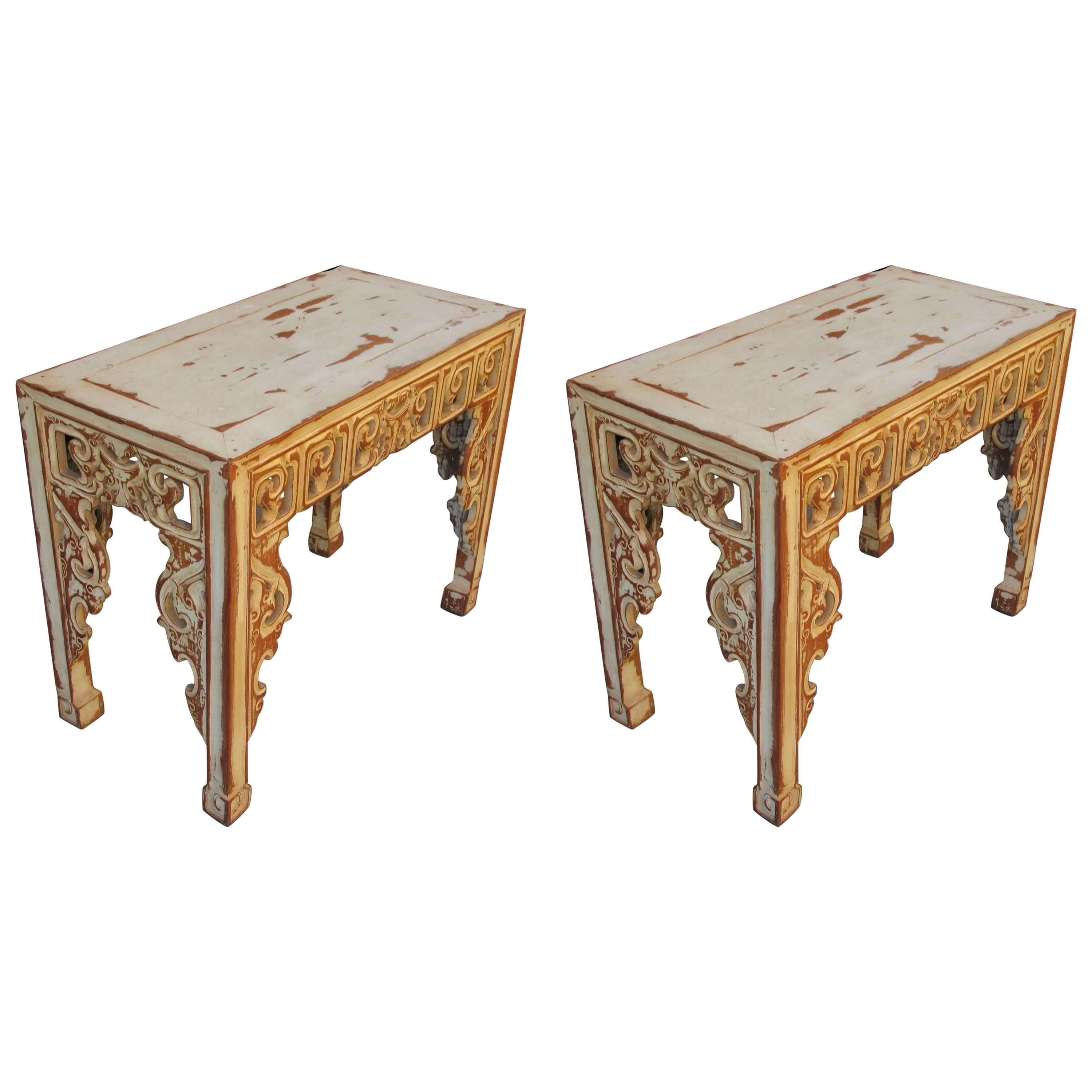 Pair of Early 20th Century Chinese Altar Console Tables with Distressed Paint For Sale