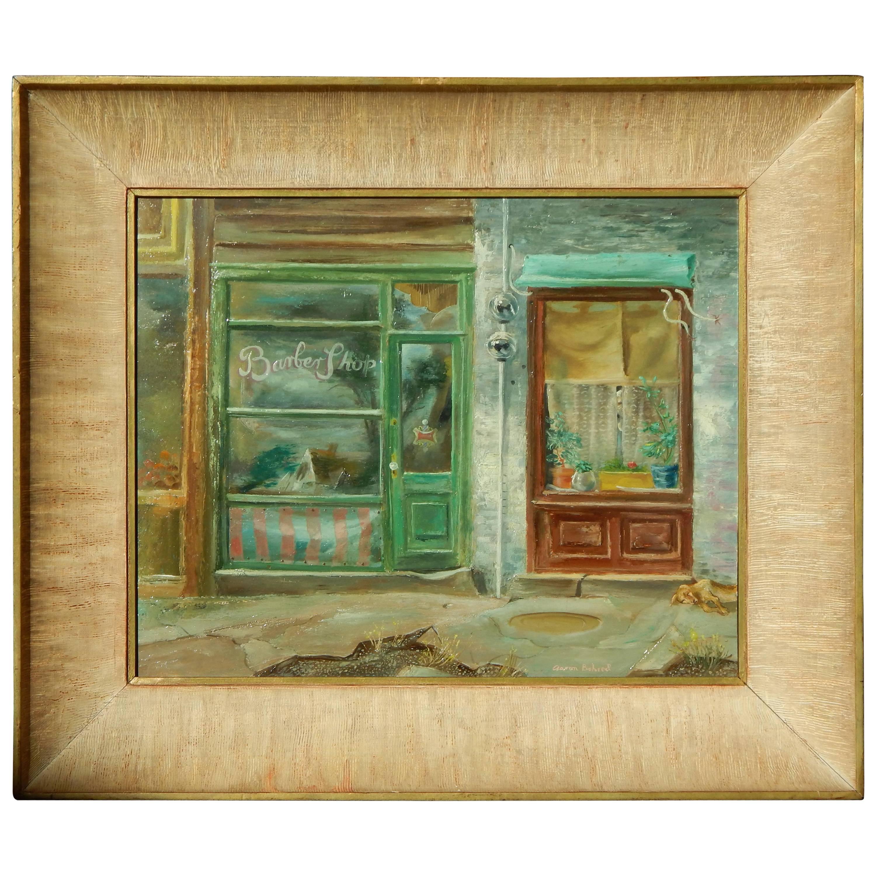 Peinture à l'huile de l'artiste Aaron Bohrod, artiste de Chicago/Wisconsin, datant des années 1940 environ, Shop Windows