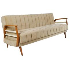 1970s Mid-Century German Sofa Bed in Light Beige Velour with Beech Arms