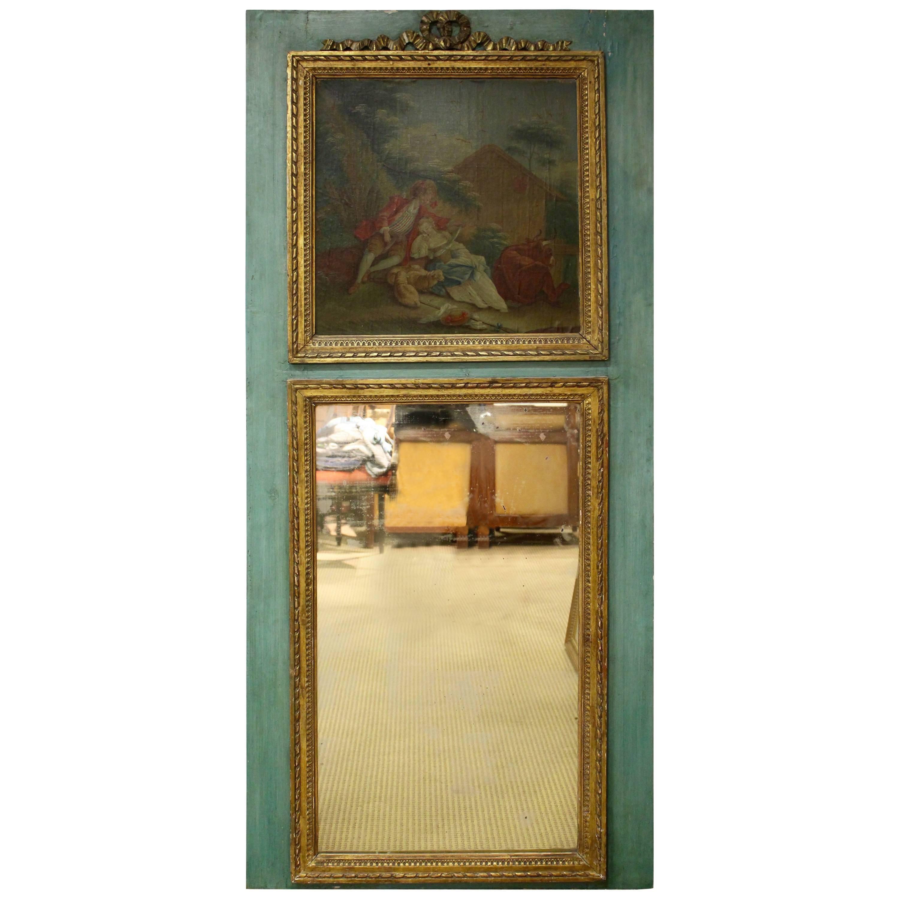 French Louis XVI Style Painted and Carved Trumeau Mirror with Trysting Lovers For Sale