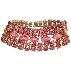 Vintage Pink and Opal Gold Set Rhiestone Link Bracelet